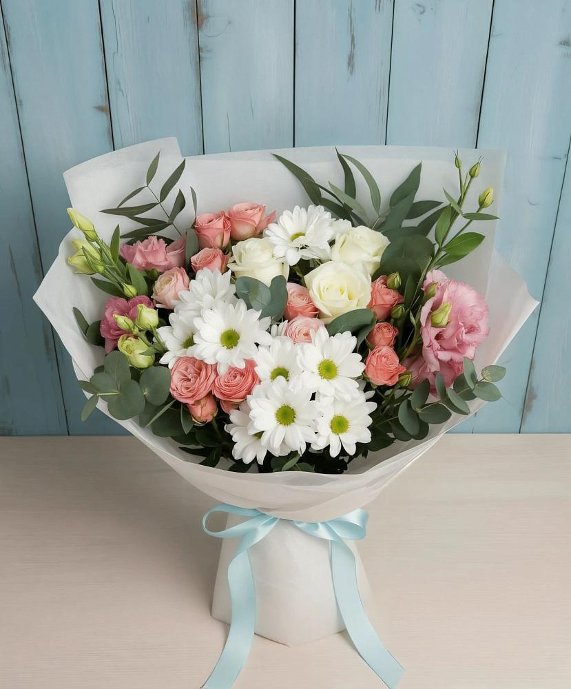 Букет цветов из: Розы, Лизиантусы и Хризантемы в Пригородный Оренбургский район