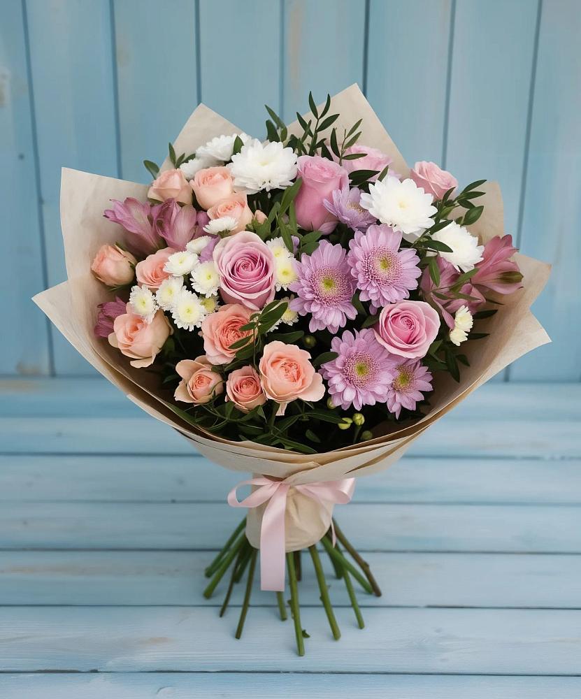 Букет цветов из: Хризантемы, Розы и Альстромерии в Пригородный Оренбургский район