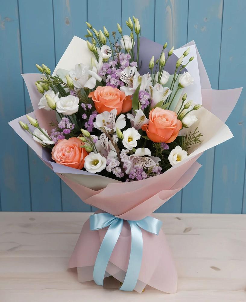 Букет цветов из: Лизиантусы, Розы, Альстромерии и Гипсофила в Пригородный Оренбургский район