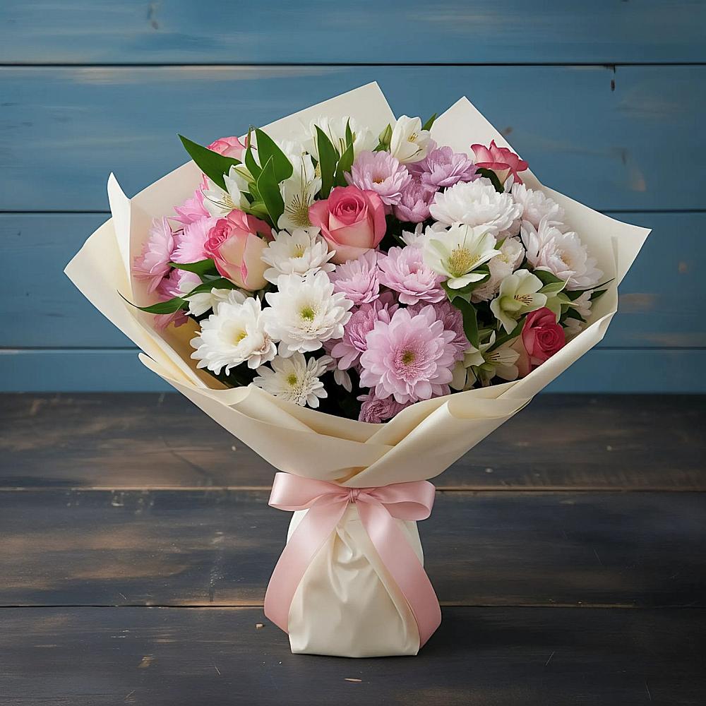 Букет цветов из: Хризантемы, Альстромерии и Розы в Пригородный Оренбургский район